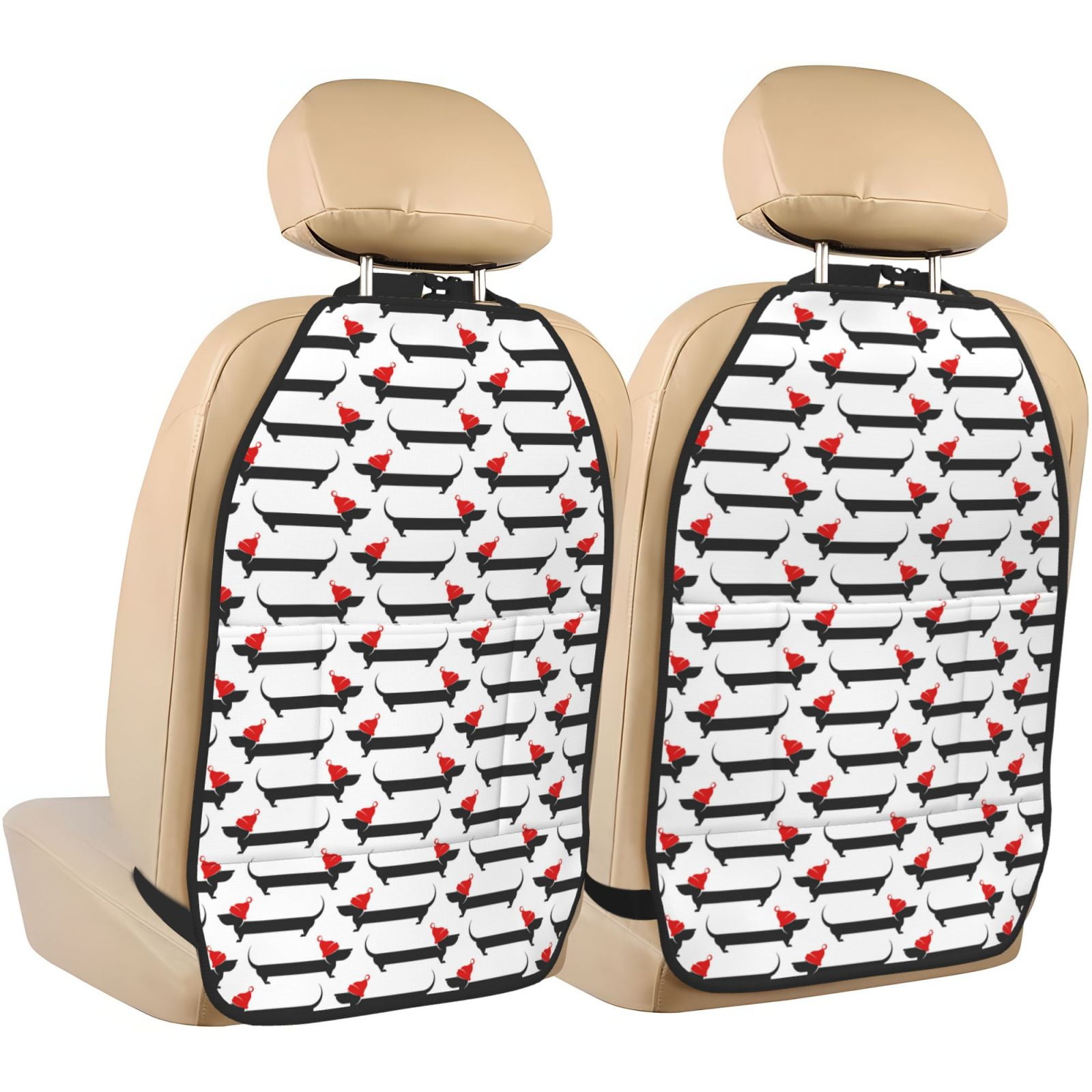 Kdxio Christmas Dachshund Print 2 Pack Car Kick Mat Seat Cover Back Protector Mat with Pockets for Organizer Backseat Protector and Storage Anti Kick Pad for Vehicles