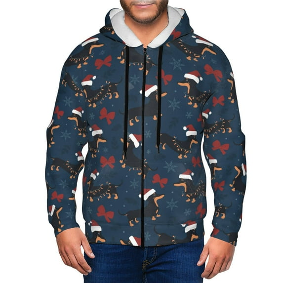 Kdxio Christmas Dachshund Print Men Hoodies Casual Hoodies for Men with Zip Pockets Full Zip Long Sleeve Sweatshirt Sports Hooded Jacket-Medium