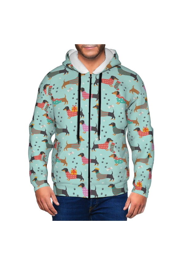 Christmas Dachshund Print Men Hoodies Casual Hoodies for Men with Zip Pockets Full Zip Long Sleeve Sweatshirt Sports Hooded Jacket-Small
