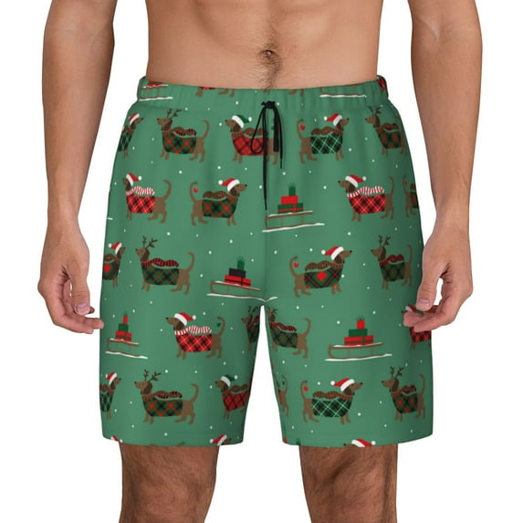 Kdxio Christmas Dachshund Print Men's Swim Trunks with Compression Liner 7 Inch Inseam Quick Dry Swim Shorts