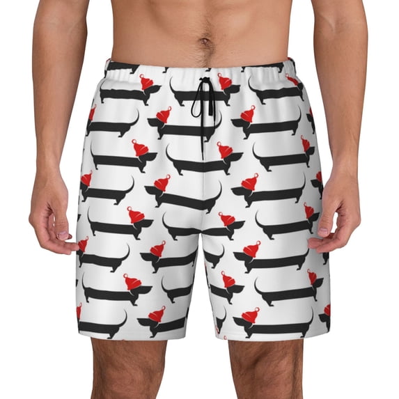 Kdxio Christmas Dachshund Print Men's Swim Trunks with Compression Liner 7 Inch Inseam Quick Dry Swim Shorts
