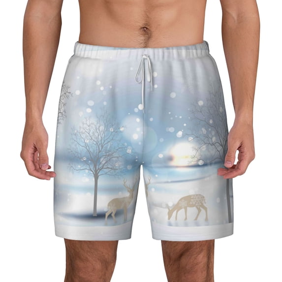 Kdxio Christmas Deer Print Men'S Swim Trunks With Compression Liner 7 Inch Inseam Quick Dry Swim Shorts