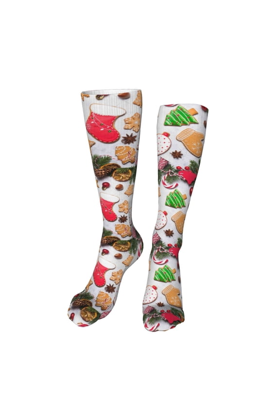 Christmas Gingerbread Cookies Funny Silky Novelty Funky Long Knee High Socks Soft 3D Print Cosplay Crazy Stockings for Men Women