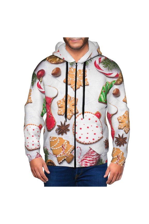 Christmas Gingerbread Cookies Print Men Hoodies Casual Hoodies for Men with Zip Pockets Full Zip Long Sleeve Sweatshirt Sports Hooded Jacket-3X-Large