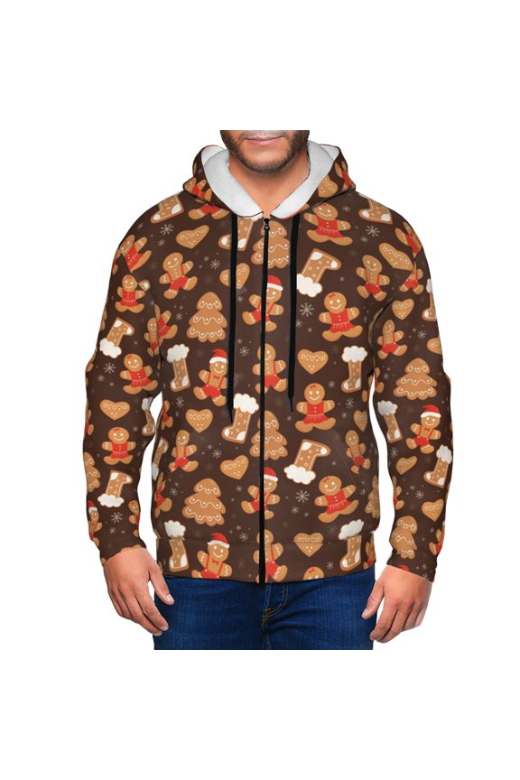 Christmas Gingerbread Cookies Print Men Hoodies Casual Hoodies for Men with Zip Pockets Full Zip Long Sleeve Sweatshirt Sports Hooded Jacket-XX-Large
