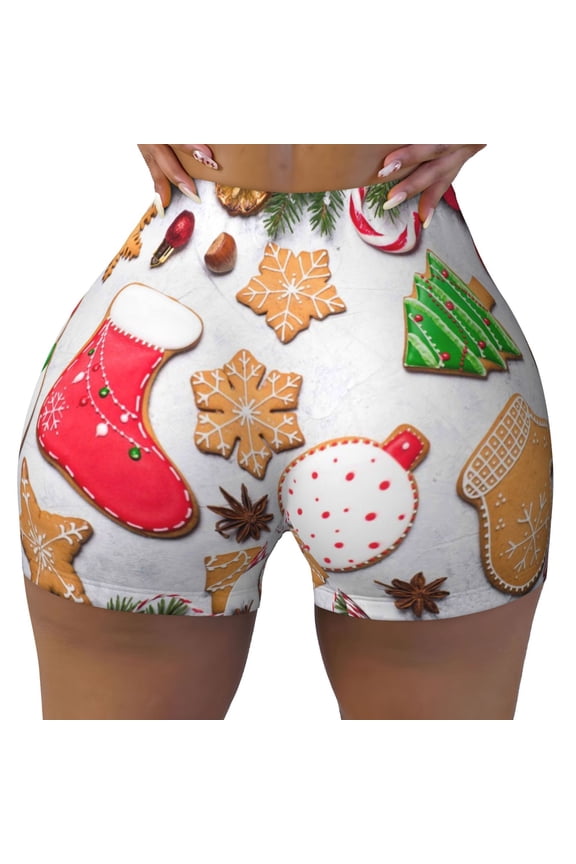 Christmas Gingerbread Cookies Print Workout Shorts for Women Seamless Soft Smooth Gym Yoga Scrunch Active Shorts