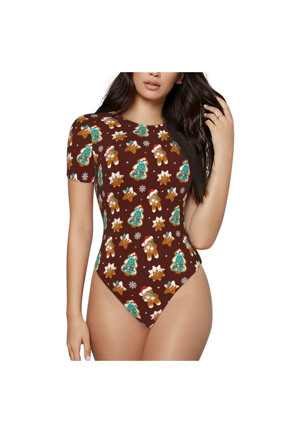 Christmas Gingerbread for Women's Short-Sleeved Onesie Stylish Round Neck Pajamas Bodysuit Jumpsuit Nightwear-Medium