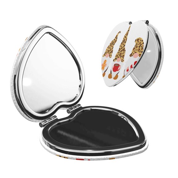 Kdxio Christmas Gnomes In Leopard Pocket Mirror, 1X/2X Travel Makeup Mirror 2-Sided Folding Small Mirror Portable Double-Sided Magnifying Cosmetic Mirror for Gift-Heart Shape