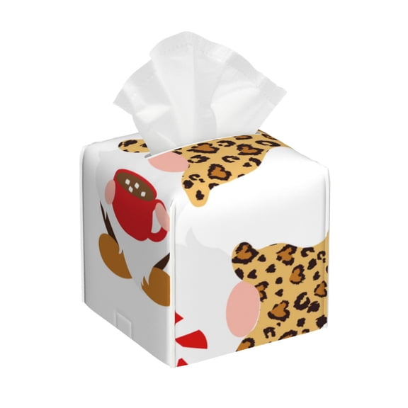 Kdxio Christmas Gnomes In Leopard Print Tissue Box Cover,Square Decorative PU Leather Facial Paper Case Organizer Holder Dispenser for Bathroom,Night Stands,Desk,Car 5.2''X5.2''X5.2''