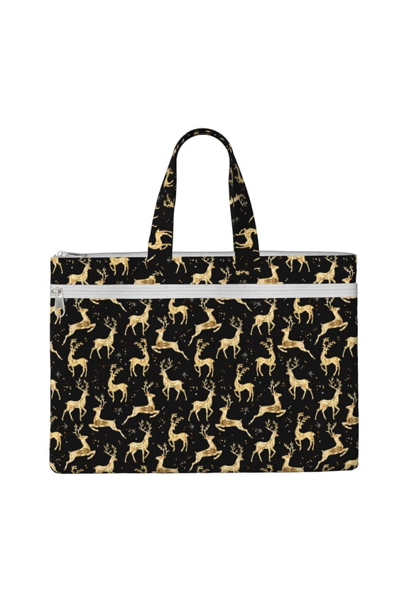 Christmas Gold Deers File Tote Document Bag Business Briefcase Bag Document Organizer Tote Briefcase for Letter A4 Files Business Teacher Office Bag