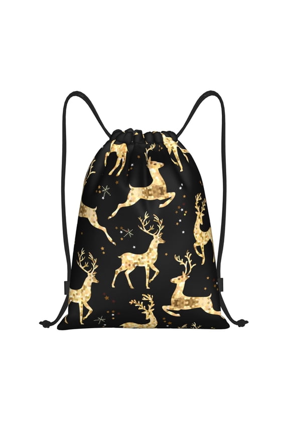 Christmas Gold Deers Print Drawstring Backpack Bag,Waterproof Draw String Back Sack, Gym Drawstring Bags Swim Bag For Unisex
