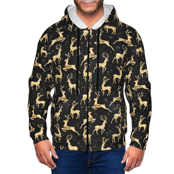 Kdxio Christmas Gold Deers Print Men Hoodies Casual Hoodies for Men with Zip Pockets Full Zip Long Sleeve Sweatshirt Sports Hooded Jacket-3X-Large