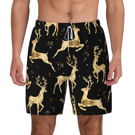 Kdxio Christmas Gold Deers Print Men'S Swim Trunks With Compression Liner 7 Inch Inseam Quick Dry Swim Shorts