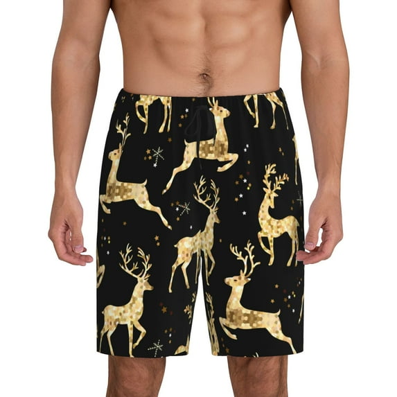 Kdxio Christmas Gold Deers Print Mens Sleep Shorts Bottoms Soft Comfy Pajama Wear Pants with Drawstring Pockets