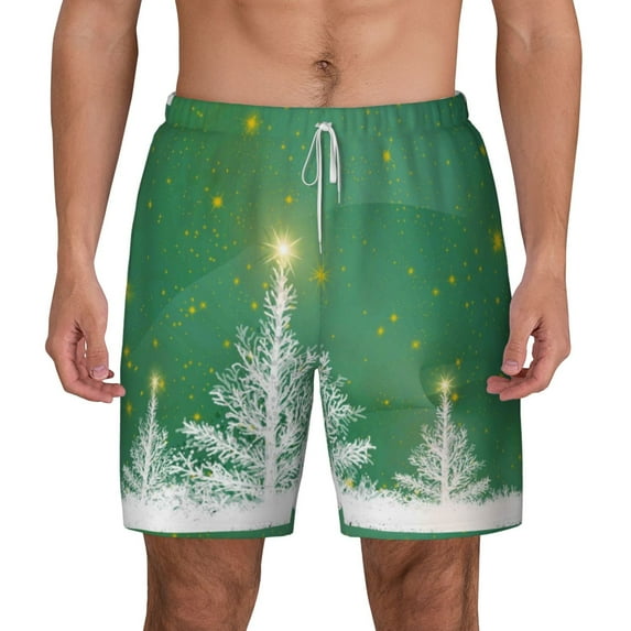 Kdxio Christmas Green Print Men'S Swim Trunks With Compression Liner 7 Inch Inseam Quick Dry Swim Shorts