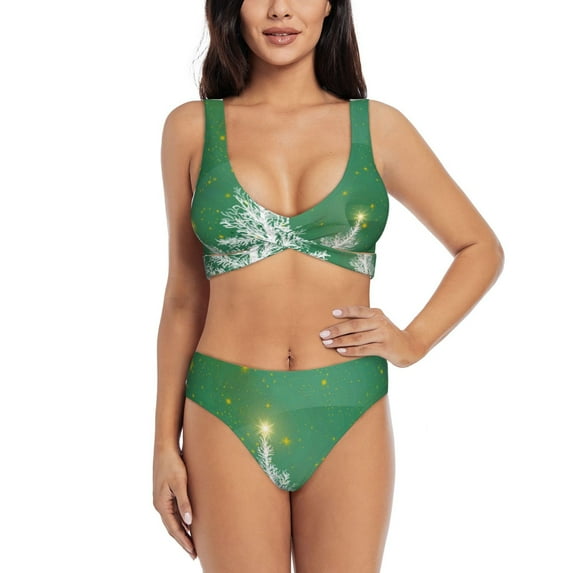 Kdxio Christmas Green Print Women's 2 Piece High Waisted Wrap Spaghetti Strap Summer Swimsuit Bikini Set-XX-Large