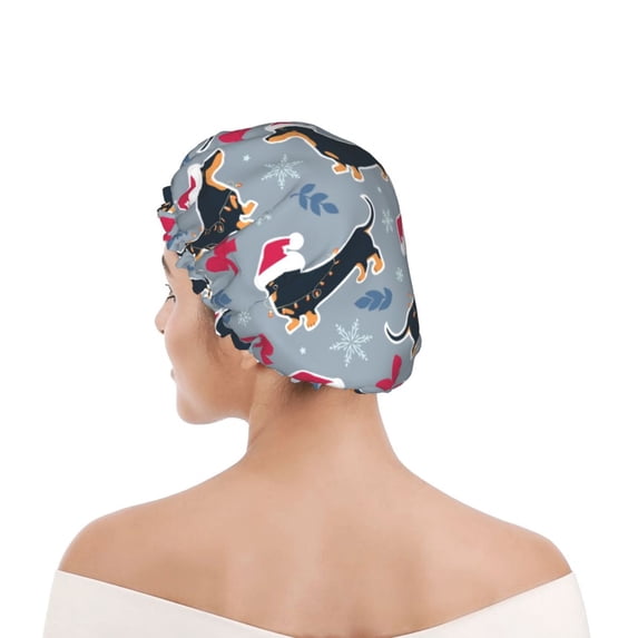 Kdxio Christmas Hat Dachshund Print Shower Cap for Women,Elastic and Reusable,Double Waterproof Layers Bathing Hat