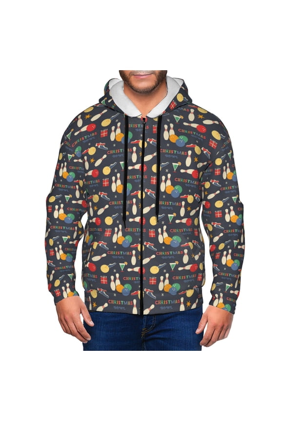 Christmas Holiday Bowling Print Men Hoodies Casual Hoodies for Men with Zip Pockets Full Zip Long Sleeve Sweatshirt Sports Hooded Jacket-Small