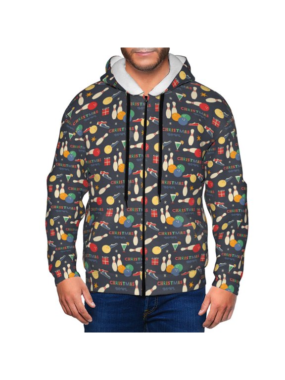 Christmas Holiday Bowling Print Men Hoodies Casual Hoodies for Men with Zip Pockets Full Zip Long Sleeve Sweatshirt Sports Hooded Jacket-X-Large