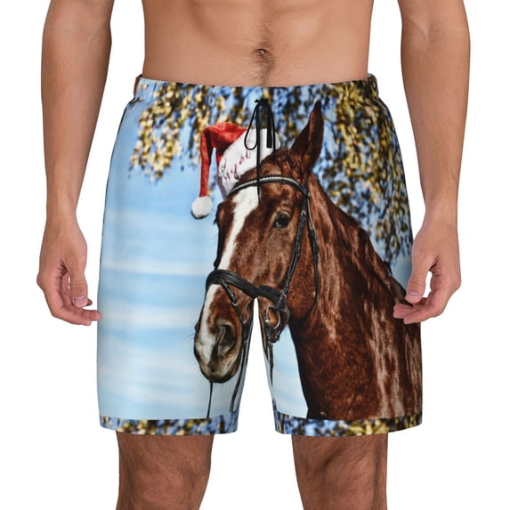 Kdxio Christmas Horse Print Men'S Swim Trunks With Compression Liner 7 Inch Inseam Quick Dry Swim Shorts