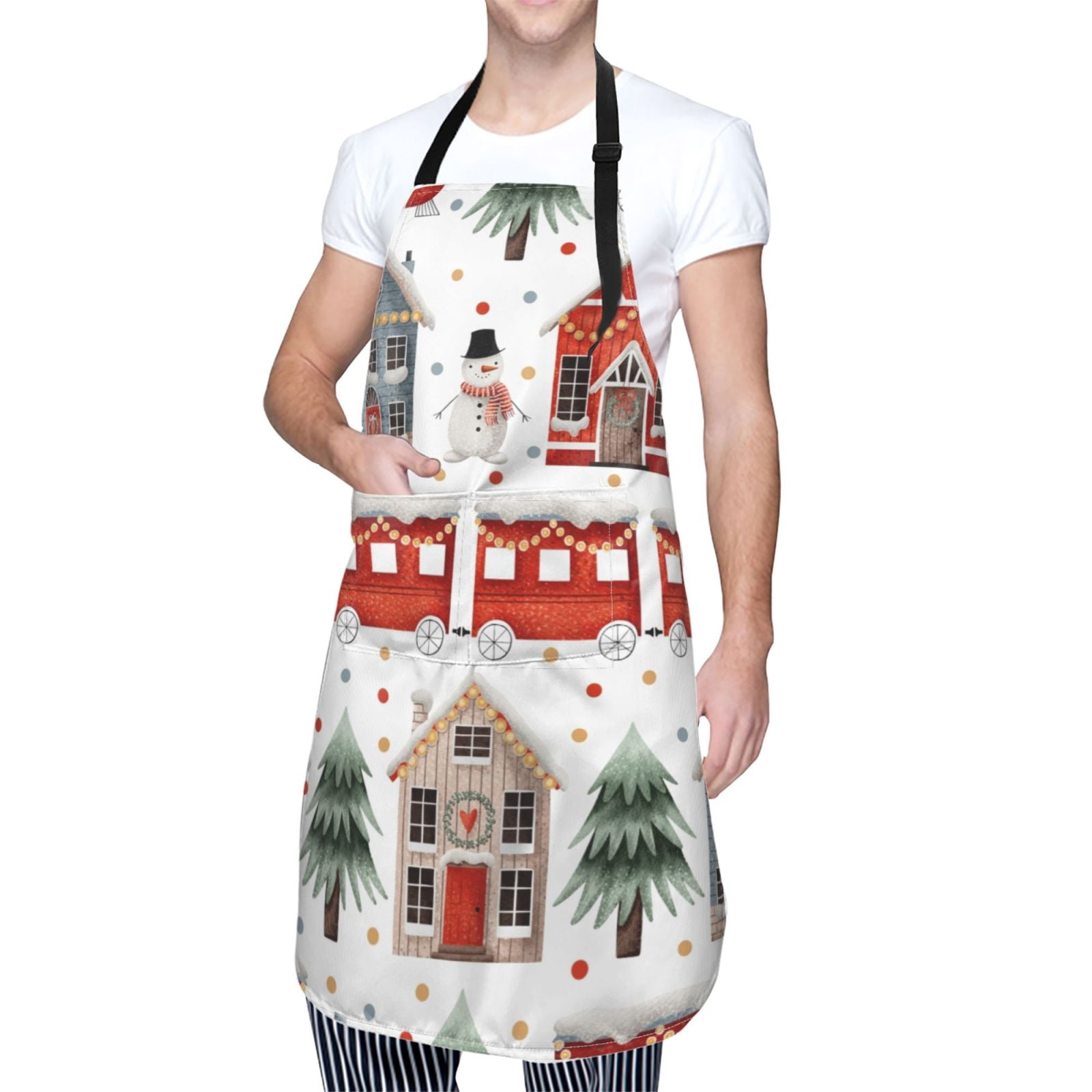Kdxio Christmas Houses Apron with Pockets Adjustable Kitchen Aprons for Men Women Waterproof Aprons for Cooking,Drawing,Crafting, Baking Household Cleaning