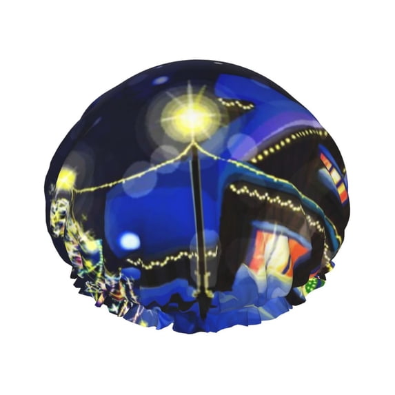 Kdxio Christmas Night Print Shower Cap for Women,Elastic and Reusable,Double Waterproof Layers Bathing Hat