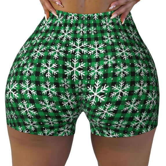 Kdxio Christmas Pattern At Buffalo Plaid Print Workout Shorts for Women Seamless Soft Smooth Gym Yoga Scrunch Active Shorts