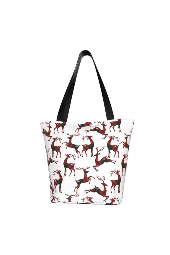 Christmas Plaid Moose Women Reusable Grocery Bags Foldable Ripstop,Reusable Shopping Bags for Shopping,Gym,Gift