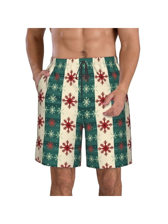 Christmas Snowflakes Plaid Pattern Mens Casual Shorts - Drawstring Summer Beach Sports Shorts for Men