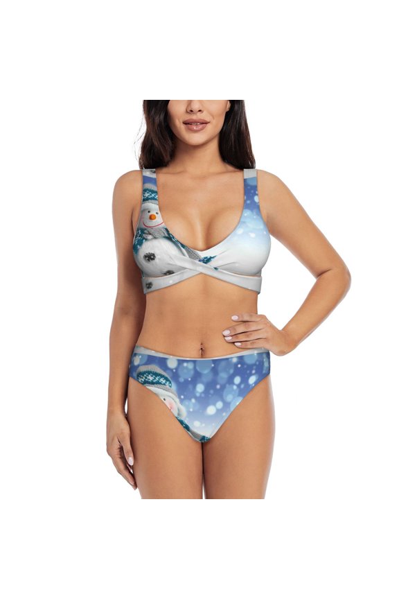 Christmas Snowman In The Snow Print Women's 2 Piece High Waisted Wrap Spaghetti Strap Summer Swimsuit Bikini Set-Medium
