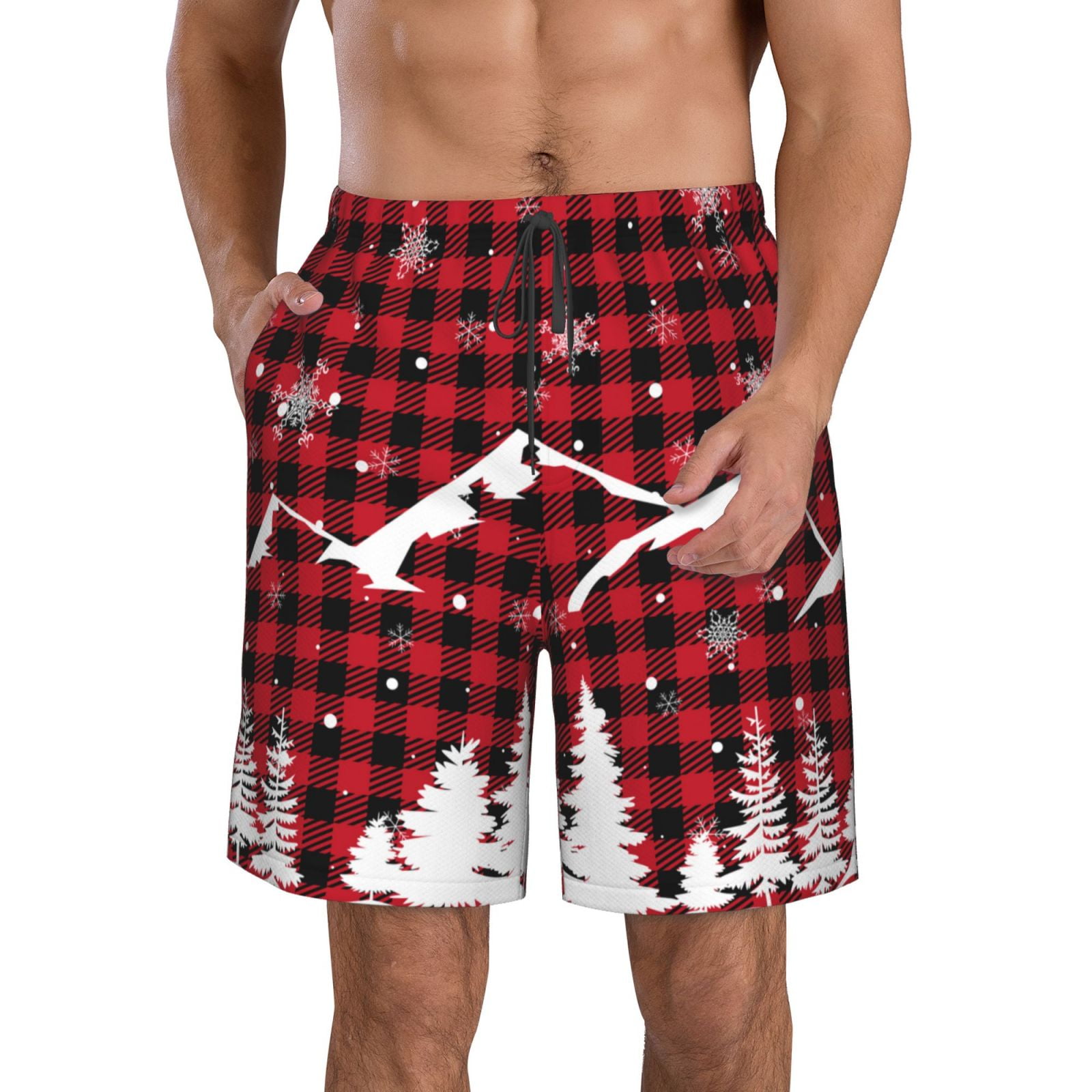 Kdxio Christmas Tree Buffalo Plaid Pattern Mens Casual Shorts