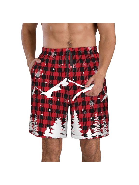 Christmas Tree Buffalo Plaid Pattern Mens Casual Shorts - Drawstring Summer Beach Sports Shorts for Men