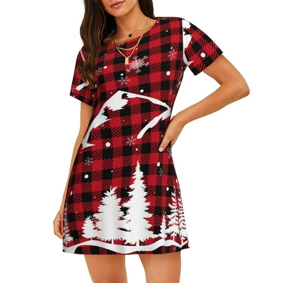 Kdxio Christmas Tree Buffalo Plaid Pattern Womens Short Sleeve Sleepshirt Scoopneck Cute Nightdress Ruffle Comfy Nightgown