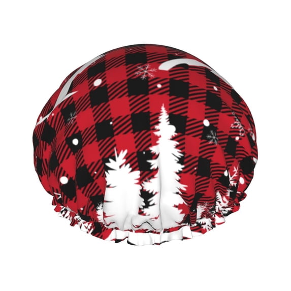 Kdxio Christmas Tree Buffalo Plaid Print Shower Cap for Women,Elastic and Reusable,Double Waterproof Layers Bathing Hat