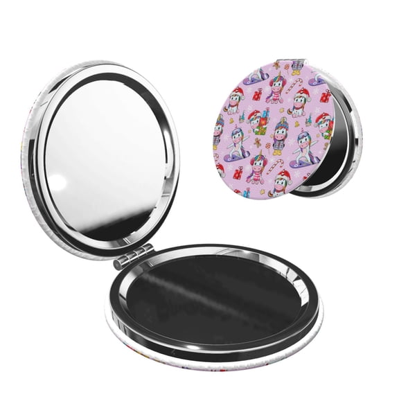 Kdxio Christmas Unicorns Pocket Mirror, 1X/2X Travel Makeup Mirror 2-Sided Folding Small Mirror Portable Double-Sided Magnifying Cosmetic Mirror for Gift-Round Shape