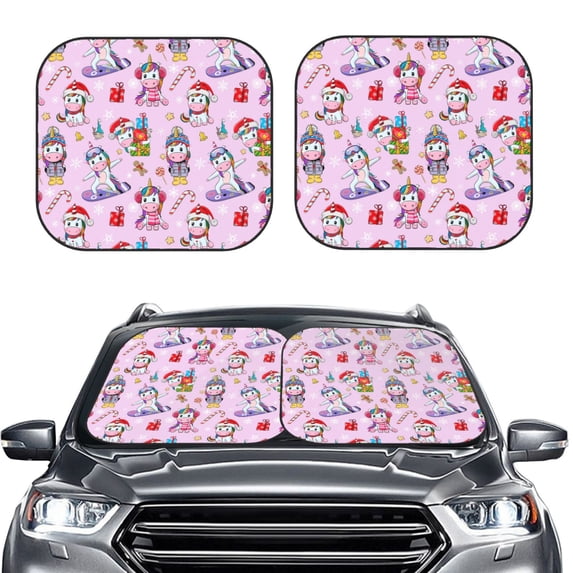 Kdxio Christmas Unicorns Print 2-Piece Sun Shade Front Windshield - Foldable Car Front Window Sunshades for Most Sedans SUV Truck