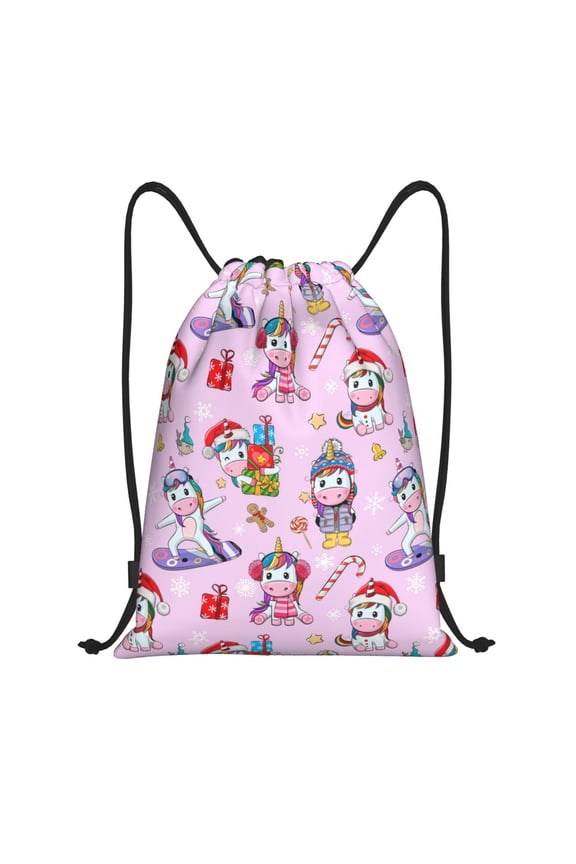 Christmas Unicorns Print Drawstring Backpack Bag,Waterproof Draw String Back Sack, Gym Drawstring Bags Swim Bag For Unisex
