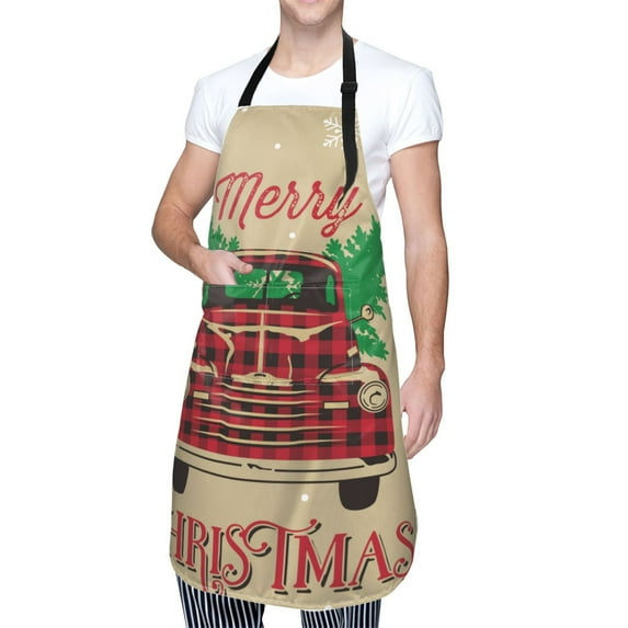 Kdxio Christmas Vintage Red Truck Apron with Pockets Adjustable Kitchen Aprons for Men Women Waterproof Aprons for Cooking,Drawing,Crafting, Baking Household Cleaning