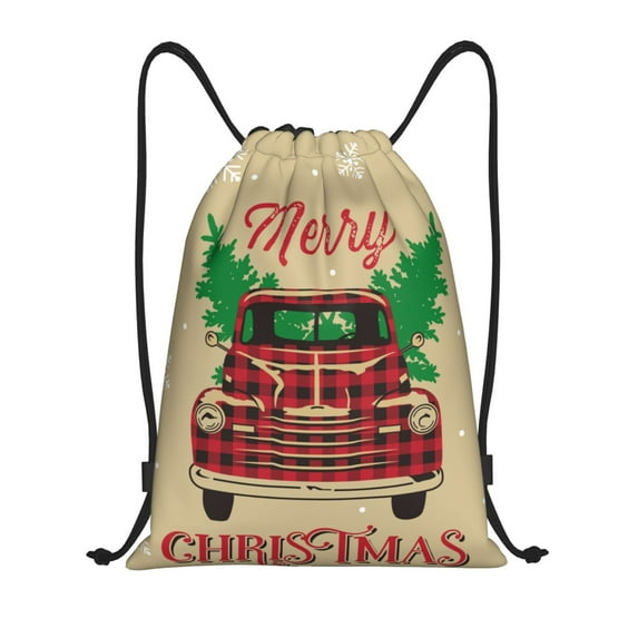 Kdxio Christmas Vintage Red Truck Print Drawstring Backpack Bag,Waterproof Draw String Back Sack, Gym Drawstring Bags Swim Bag For Unisex