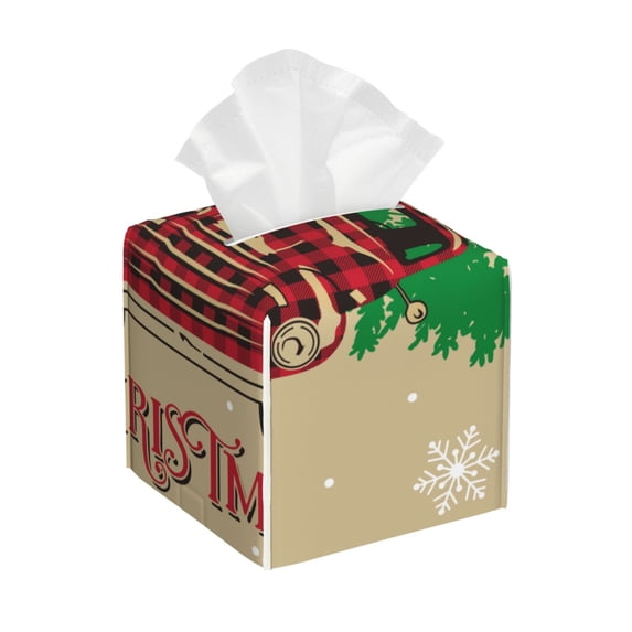 Kdxio Christmas Vintage Red Truck Print Tissue Box Cover,Square Decorative PU Leather Facial Paper Case Organizer Holder Dispenser for Bathroom,Night Stands,Desk,Car 5.2''X5.2''X5.2''
