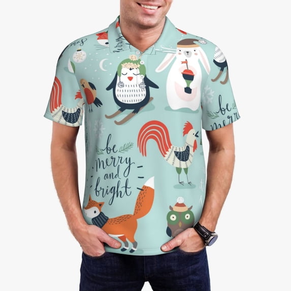 Kdxio Christmas Winter Animals Print Men's Short Sleeve Polo Shirt,Midweight Men's Shirt