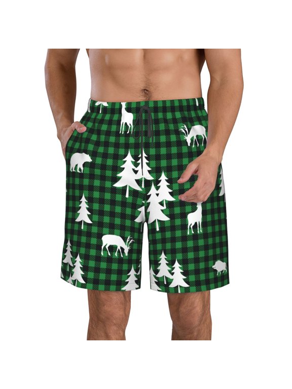 Christmas tree green plaid Pattern Mens Casual Shorts - Drawstring Summer Beach Sports Shorts for Men