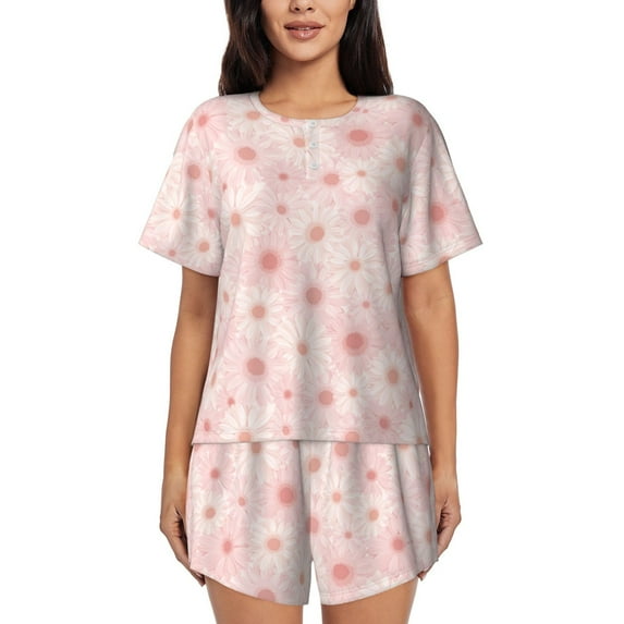 Kdxio Chrysanthemum Print Pajamas Sets for Women Short-Sleeved Pjs with Lounge Shorts Two Piece Sleepwear S-4XL