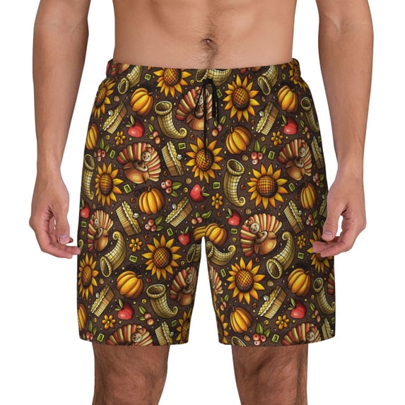 Kdxio Chrysanthemum turkey Print Men's Swim Trunks with Compression Liner 7 Inch Inseam Quick Dry Swim Shorts