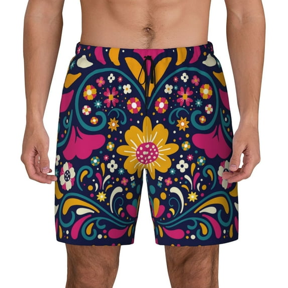 Kdxio Cinco De Mayo Floral Print Men'S Swim Trunks With Compression Liner 7 Inch Inseam Quick Dry Swim Shorts