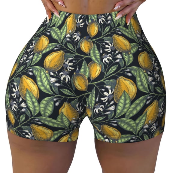 Kdxio Citrus Fruits Elegant Lemons Print Workout Shorts for Women Seamless Soft Smooth Gym Yoga Scrunch Active Shorts