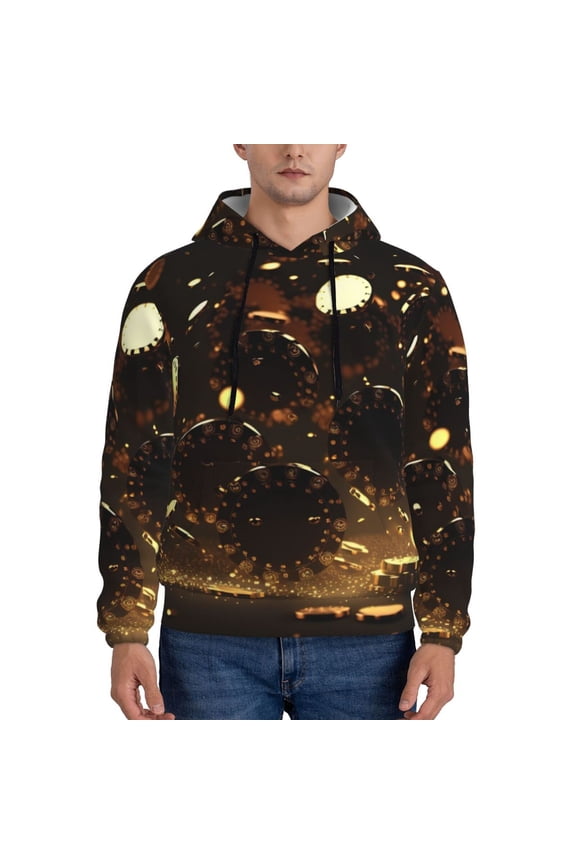 Classical Golden Casino Print Mens Casual Hooded Collar Drawstring Hoodies Pullover Sweatshirts Casual Long Sleeve Shirts-
