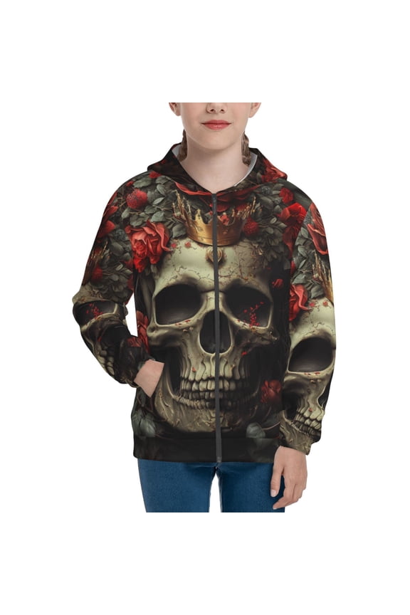 Classical Rose Crown Skull Pattern Kids Boys Girls Zip Up Hoodie 3D Printed Hooded Sweatshirt Hoody Coat with Pocket 7-12 Y-Medium