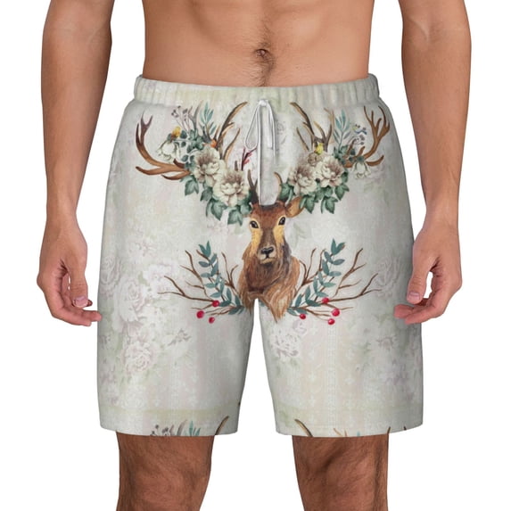 Kdxio Classy Deer Print Men'S Swim Trunks With Compression Liner 7 Inch Inseam Quick Dry Swim Shorts