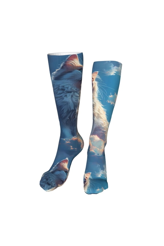 Clear Sky Blue Cat Funny Silky Novelty Funky Long Knee High Socks Soft 3D Print Cosplay Crazy Stockings for Men Women